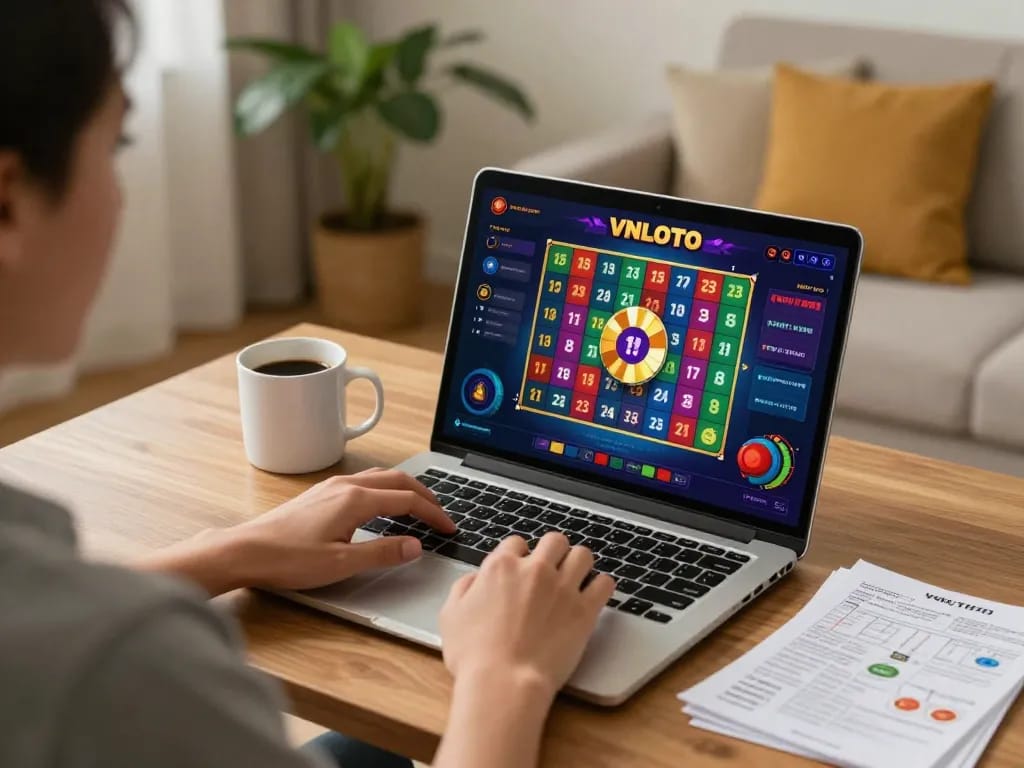 Player engaging with VNLOTO's online gaming interface from a cozy home setup showcasing responsible gambling.