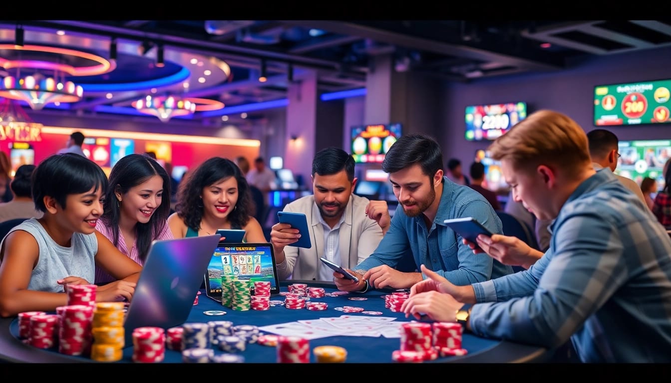 Experience the vibrant gaming atmosphere of 23WIN.COM with players engaged on multiple devices.