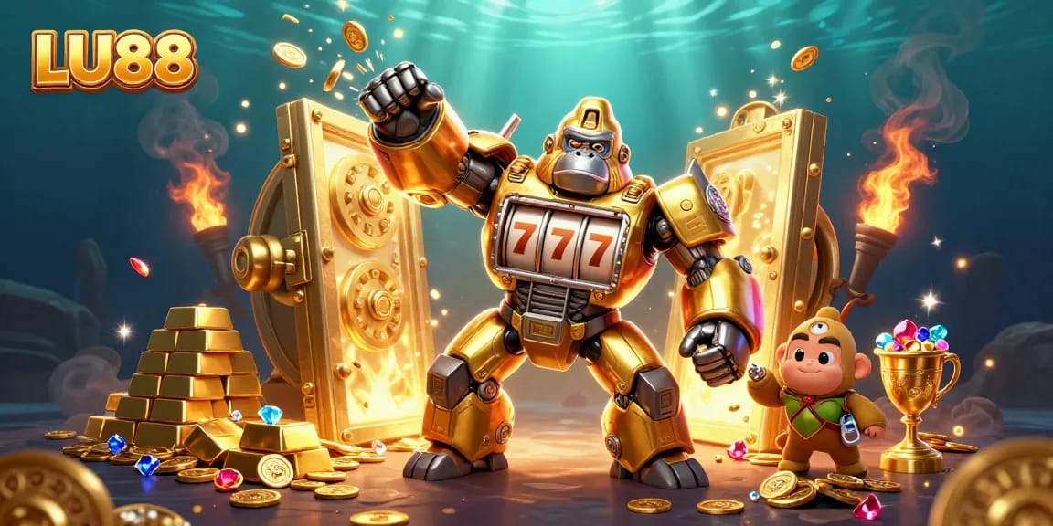 LU88 engages players with a golden gorilla mech and casino riches in a vibrant 3D illustration.