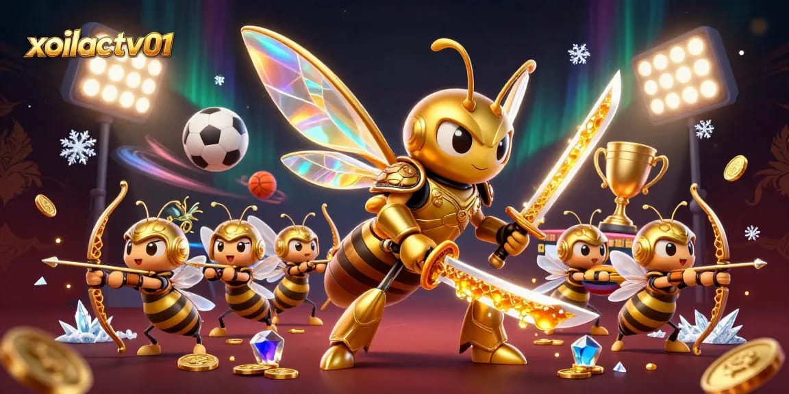 Xoilactv01 showcases a dynamic scene featuring a golden hornet and sports elements for an immersive betting experience.
