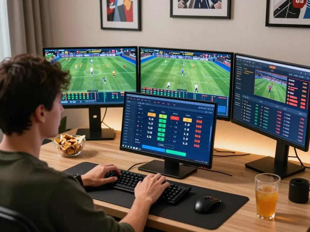 Winwin participant actively engages in online sports betting with multiple screens and dynamic displays