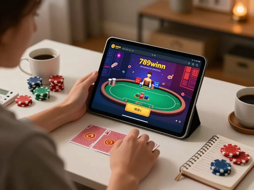Play poker online with 789winn on a cozy home setup featuring a tablet and cards.