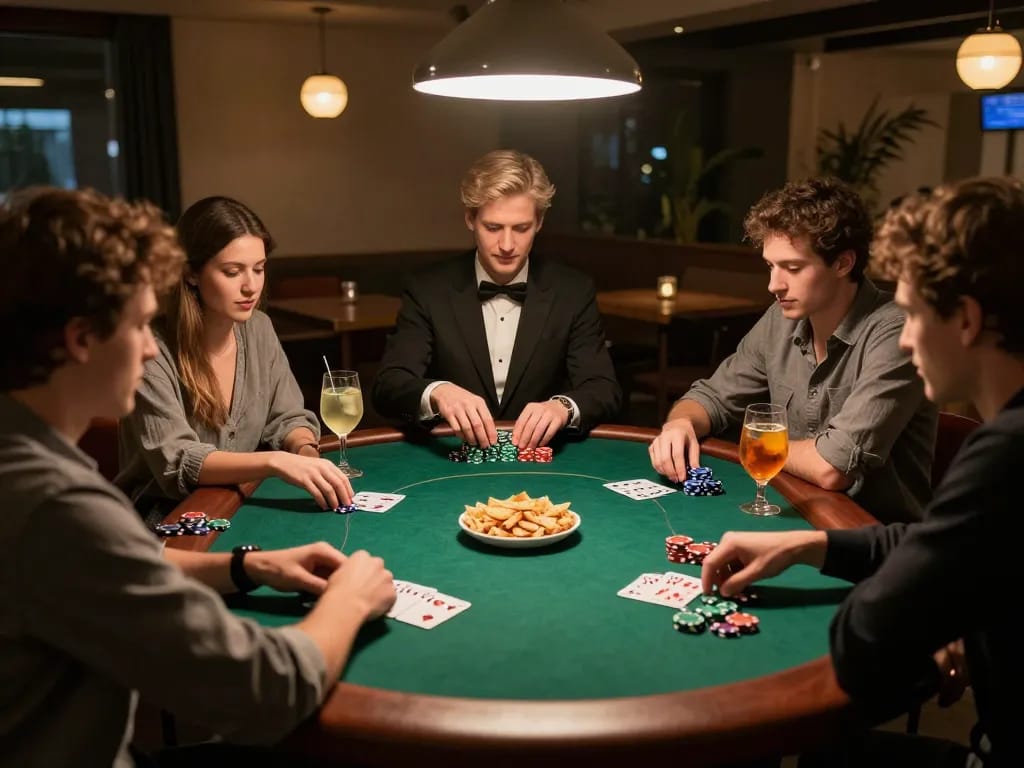 Players enjoying high-stakes poker night as SKY88 hiện đang mở offers thrilling gaming opportunities.