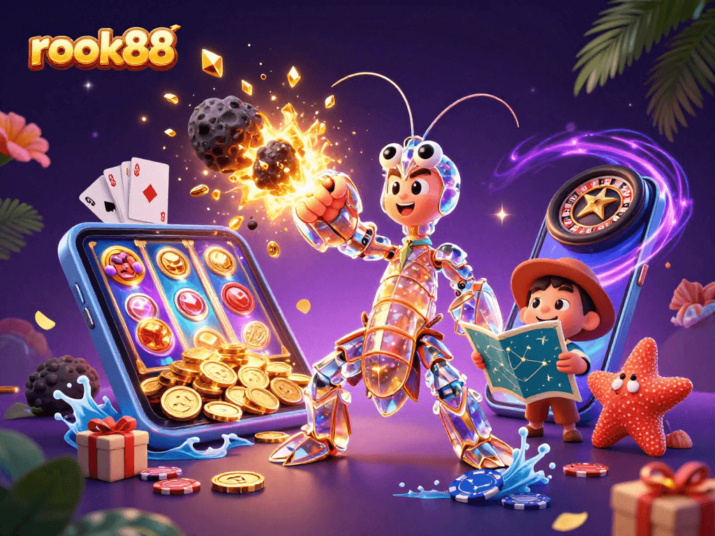 Play engaging slot games with rokok88 for thrilling wins amidst a dynamic colorful scene.