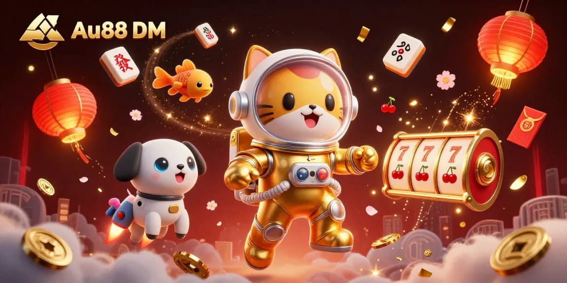 Experience thrilling gameplay at Au88 DM with floating slot reels and vibrant gaming elements.
