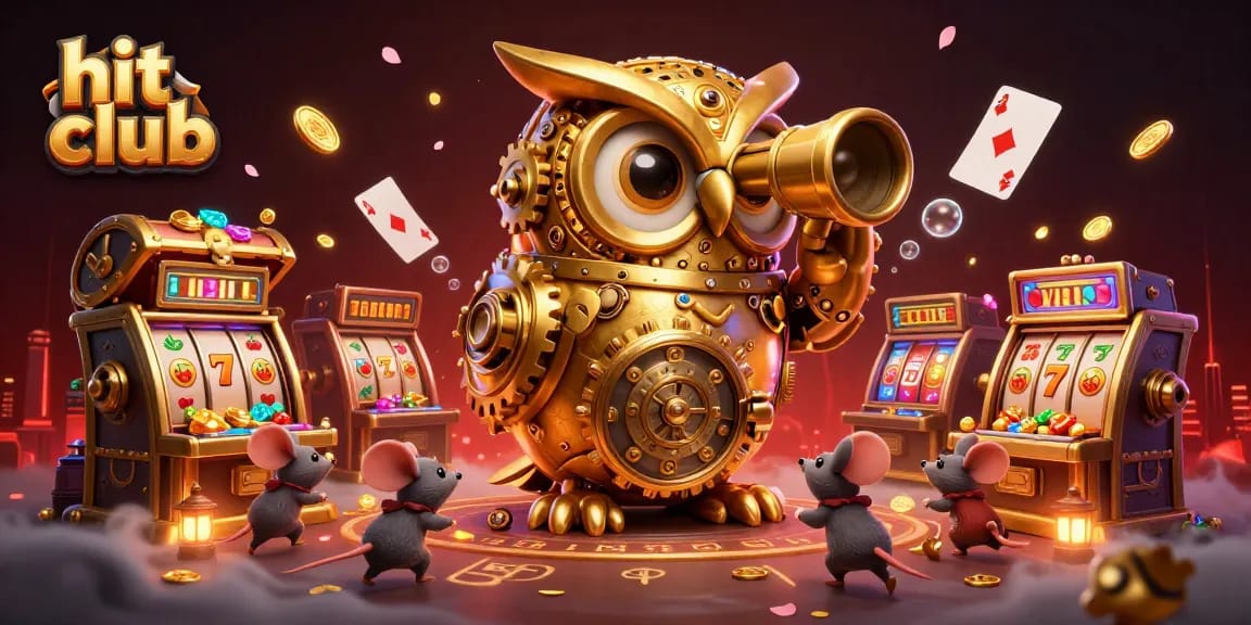 Engage in thrilling slots action at hit club with a dynamic casino scene featuring a clockwork owl, coins, and gaming elements.