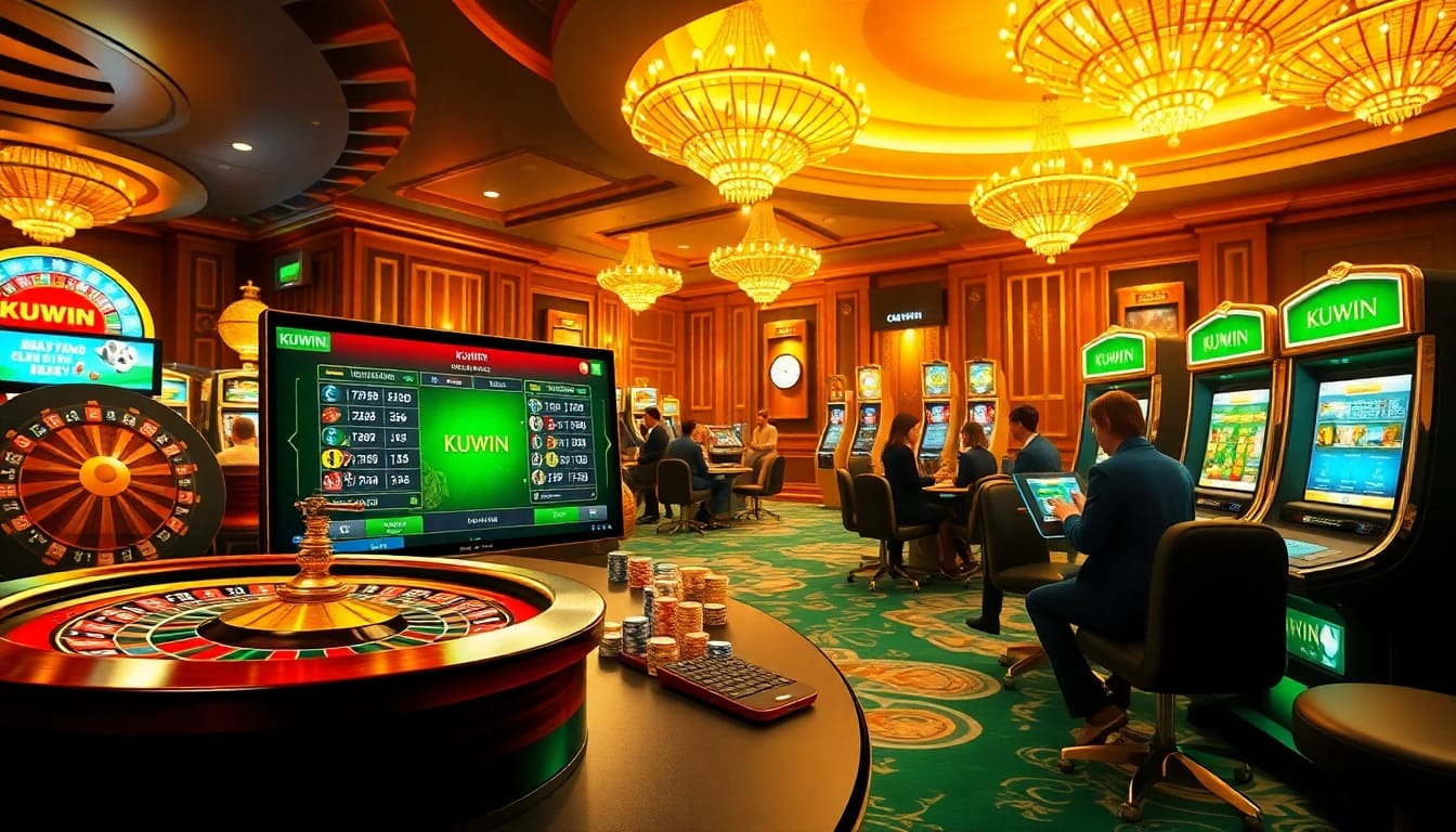 kuwin online gambling scene with vibrant roulette wheel and poker chips.