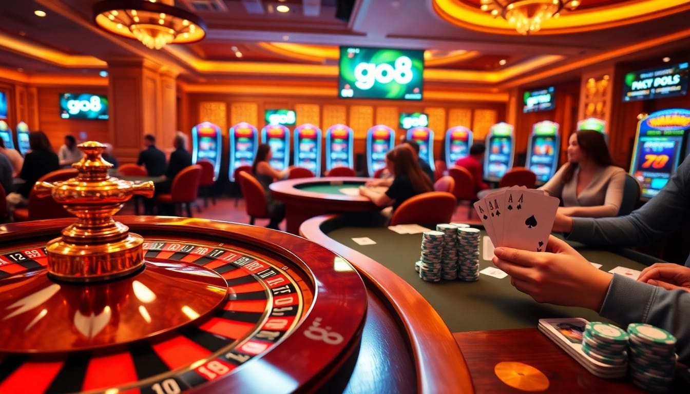 Players enjoying casino games with the go8 logo prominently featured, showcasing excitement and strategy.