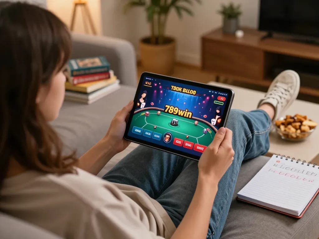 Engaging in a lively 789win đăng nhập session while enjoying online poker on a tablet from home.