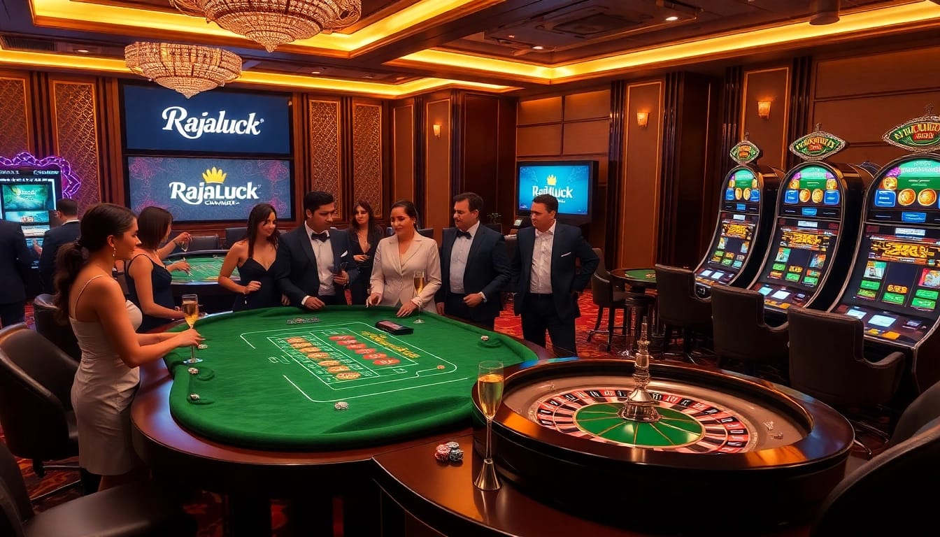 Players engaging around Rajaluck casino tables with vibrant decor and high-stakes excitement