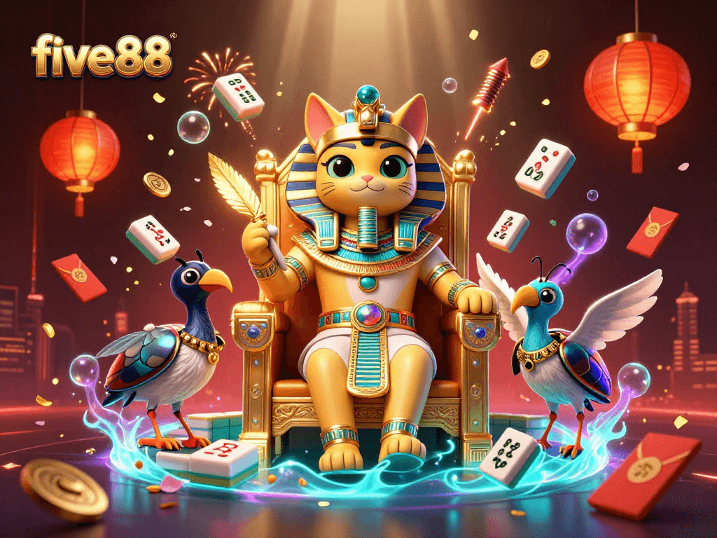 Experience the excitement of five 88 with a vibrant illustration of a whimsical casino scene featuring a cartoon pharaoh cat.