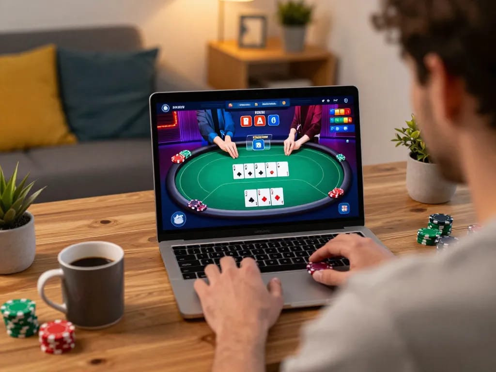 Engaging online poker game on laptop displaying uu88 interface, capturing strategic gameplay in a cozy home office.