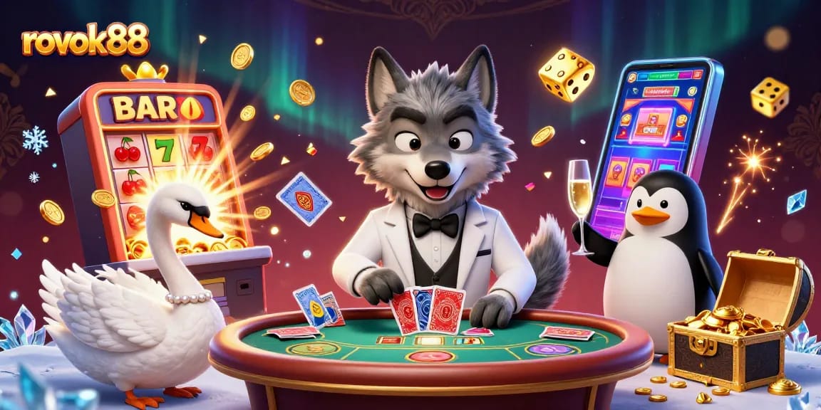 Experience the excitement of rokok88 with a dynamic casino scene featuring animated characters and vibrant gaming elements.
