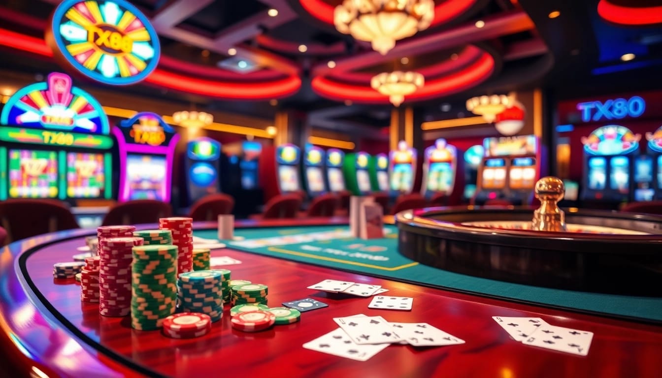 TX88 gambling table with vibrant poker chips and illuminated slot machines.