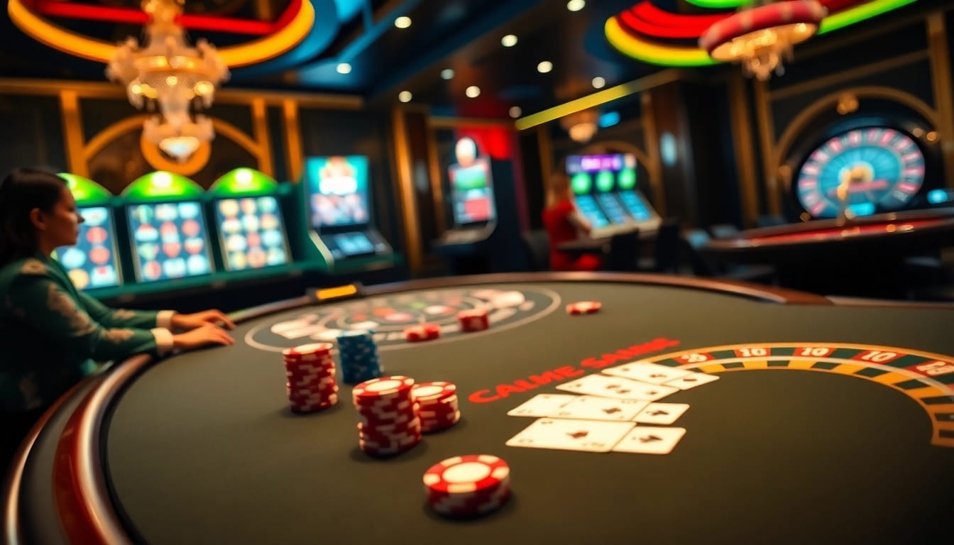 Experience thrilling gambling action at Trang chủ sin88 with vibrant casino tables and slot machines.