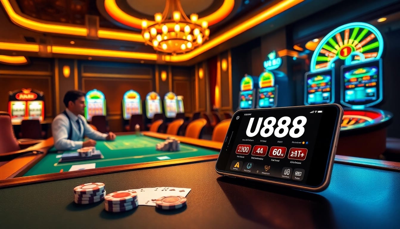Enjoy a thrilling game at U888 casino table with vibrant slot machines and a roulette wheel.