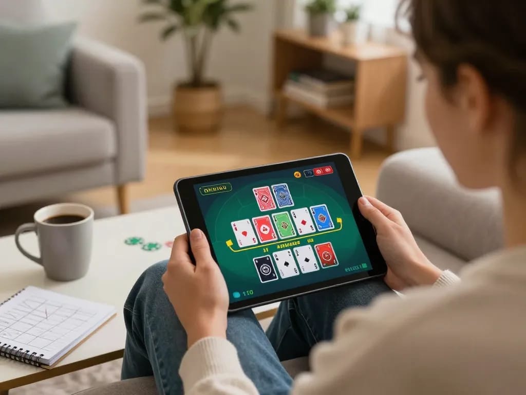 Engaging online gaming moment at https://fabet.you/ with a player enjoying blackjack on a tablet in a cozy living room.
