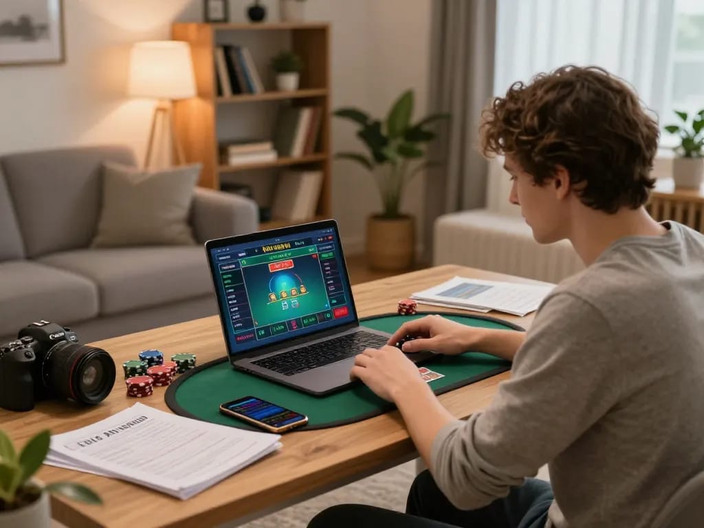 Person enjoying poker at home with laptop and smartphone, strategies visible, logging into https://one88.br.com/ for online betting.