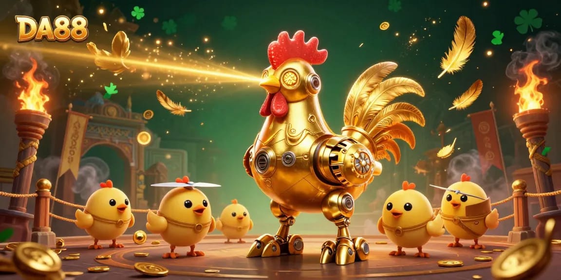 DA88 gambling themed illustration featuring a golden rooster robot and baby chick drones in an exciting casino scene.