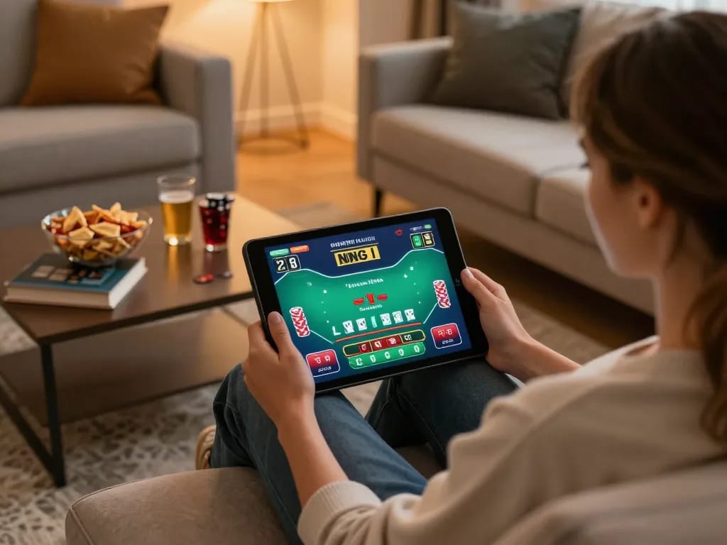 Engaging online gaming scene at home with a tablet and Five88bc blackjack game interface.