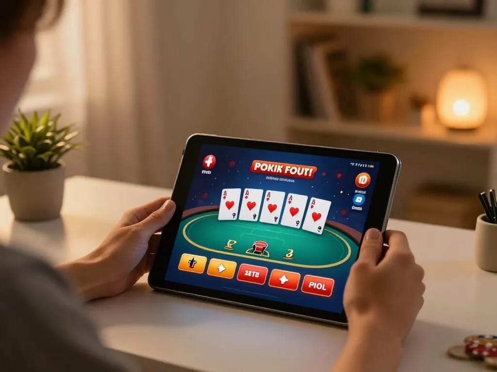Player engaging in vin88a poker game on tablet, showcasing interactive betting options and vibrant cards.