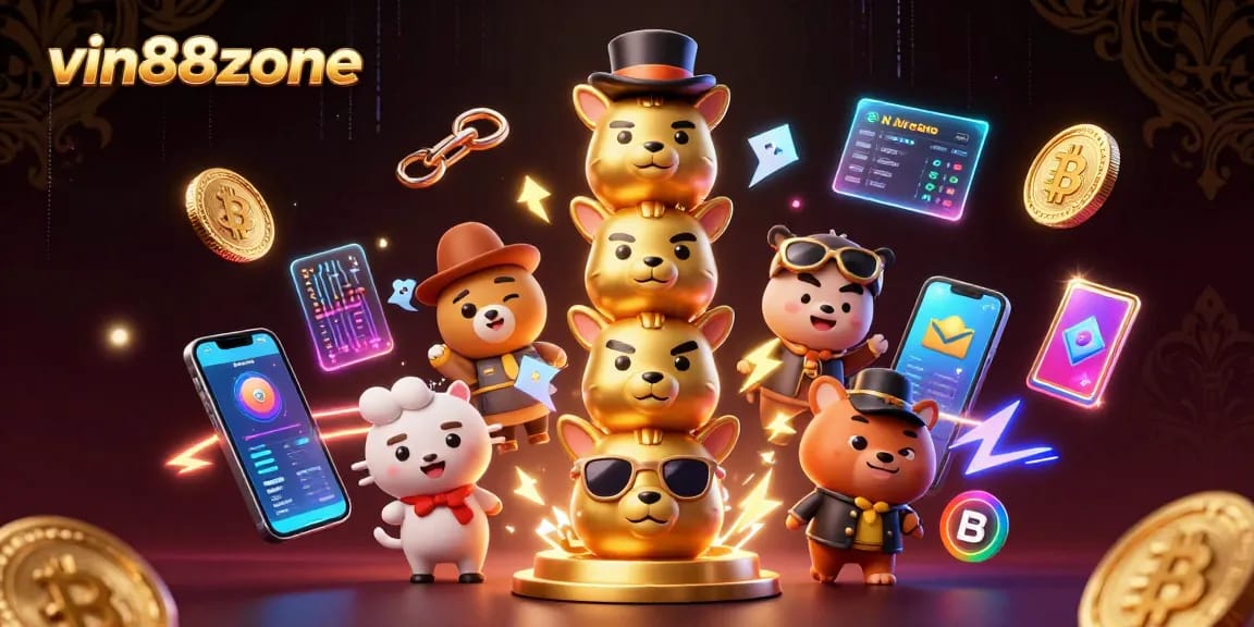 Experience thrilling gameplay at vin88zone with a vibrant totem pole and crypto elements surrounding it.