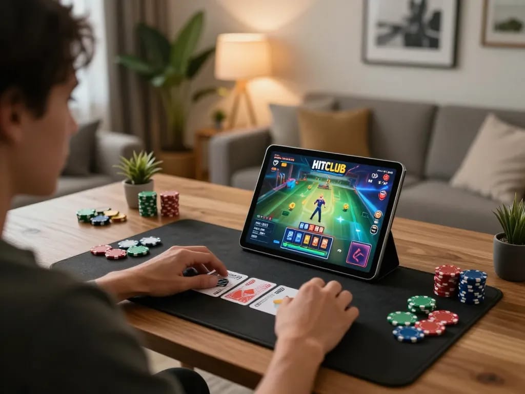 Engaging player enjoying HITCLUB online gaming on tablet surrounded by ambient decor and warm lighting
