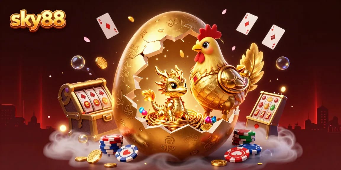 Play exciting games at sky88 with golden dragon and poker chips in a luxurious casino setting.