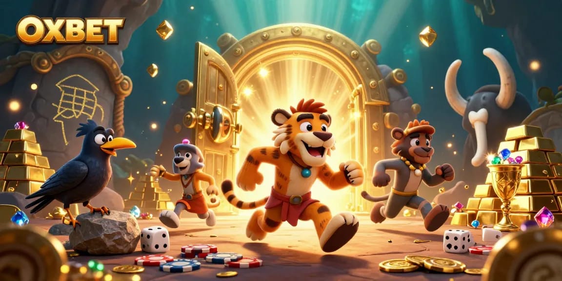 Experience the thrilling OXBET atmosphere with a lively prehistoric casino scene filled with treasures.