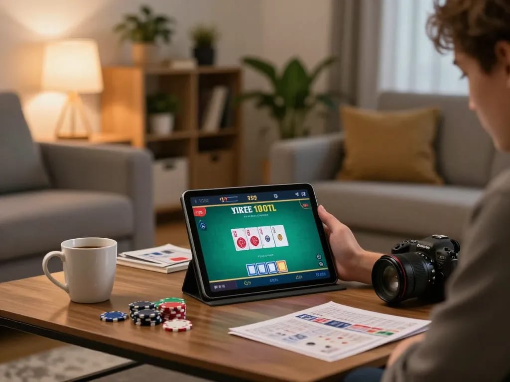 Player enjoying 68 Game Bài online poker at home, focused on winning strategies and bankroll management.