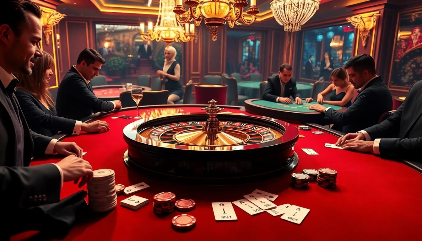 Experience the excitement of casino gaming at 8kbet with players engaged in high-stakes roulette and poker.