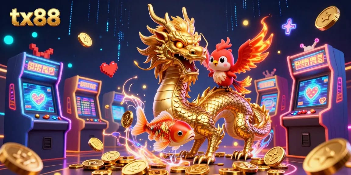Experience the excitement of tx88 with a vibrant casino scene featuring a fierce dragon, phoenix, and koi fish.