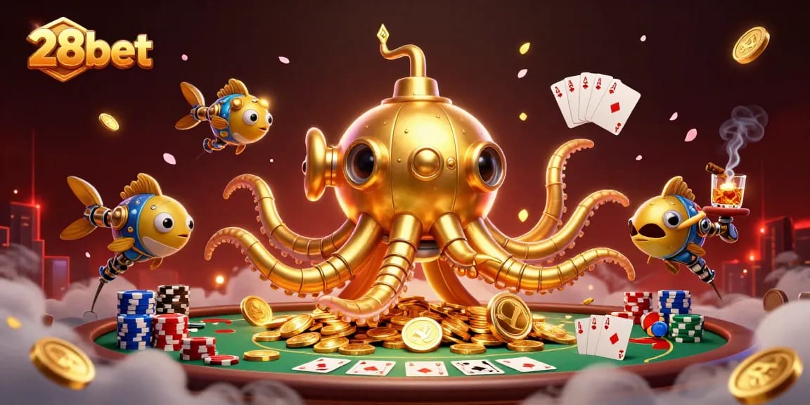 Engage with thrilling 28bet action featuring a golden kraken and poker elements in a vibrant casino scene.