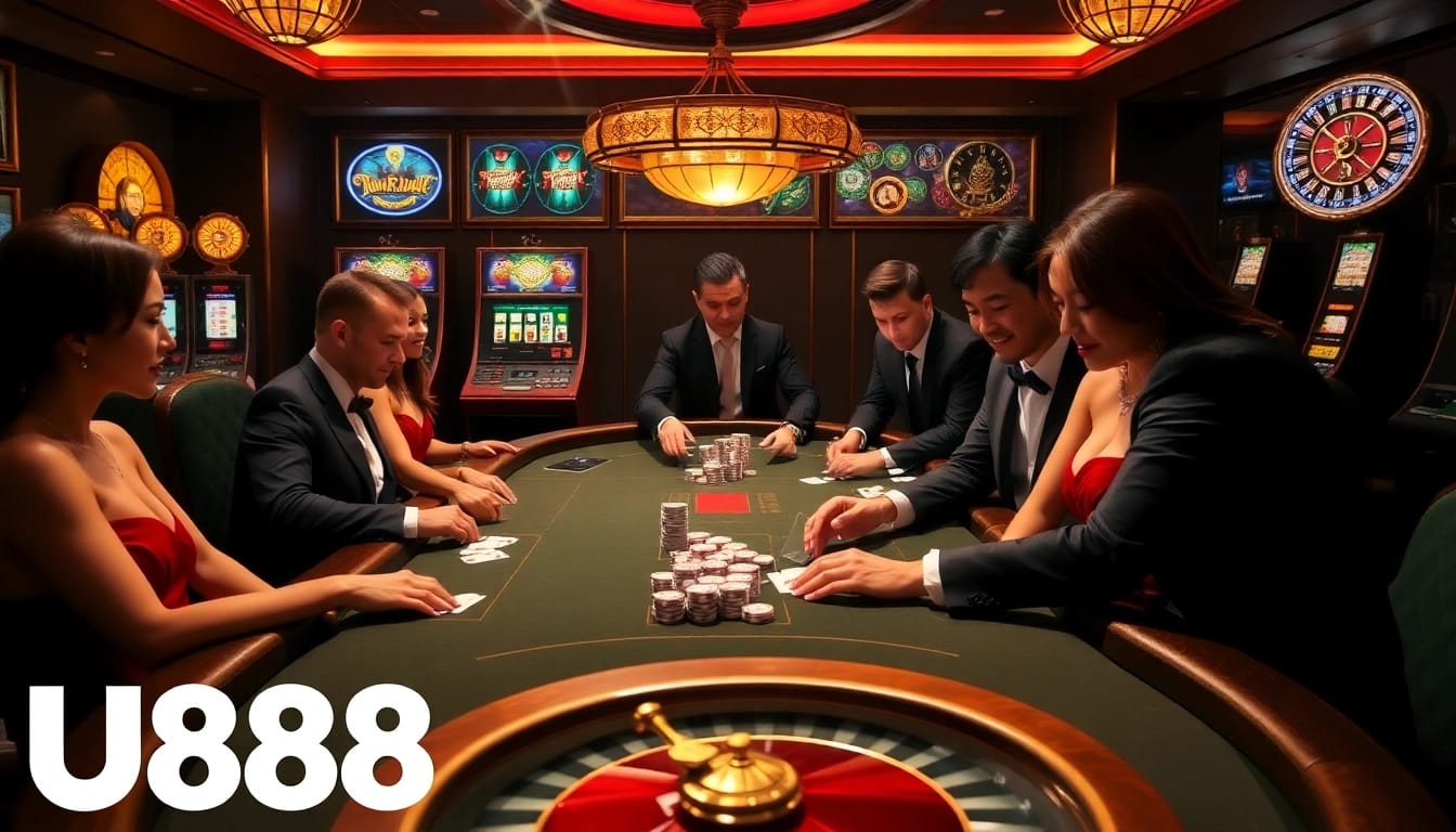 Experience the thrill of U888 with an elegant casino scene showcasing poker action and vibrant slot machines.