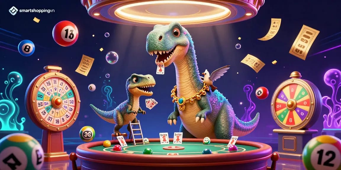 Engage in thrilling games at smartshoppingvn while watching a brontosaurus and raptor deal cards in a vibrant casino.