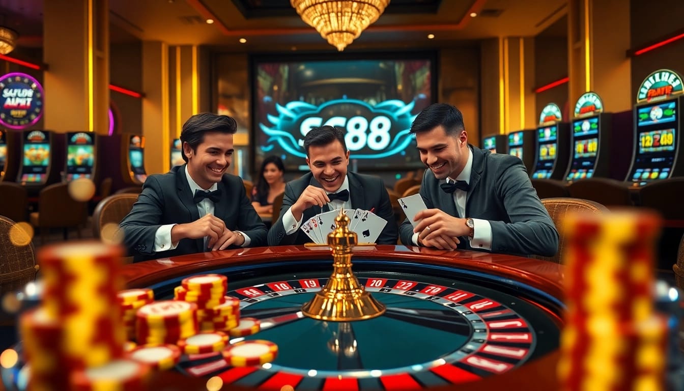 SC88 poker players strategizing in an elegant casino environment with vibrant elements.
