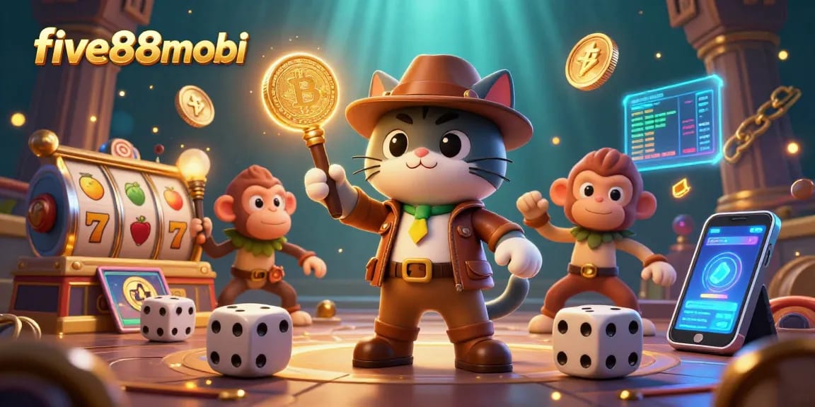 Experience thrilling wins at five88mobi by exploring slots and vibrant crypto elements in this captivating illustration.