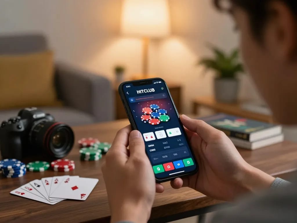 Engaging with HITCLUB online casino app for strategic gameplay, showcasing relaxed home atmosphere