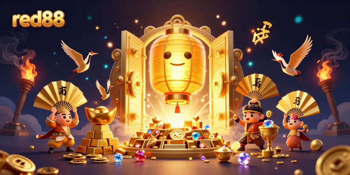 Engage with red88’s thrilling casino experience featuring golden treasures and animated characters.
