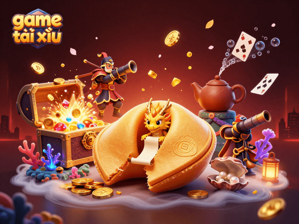 Experience the excitement of game tài xỉu with a dynamic 3D illustration showcasing fortune and fun.