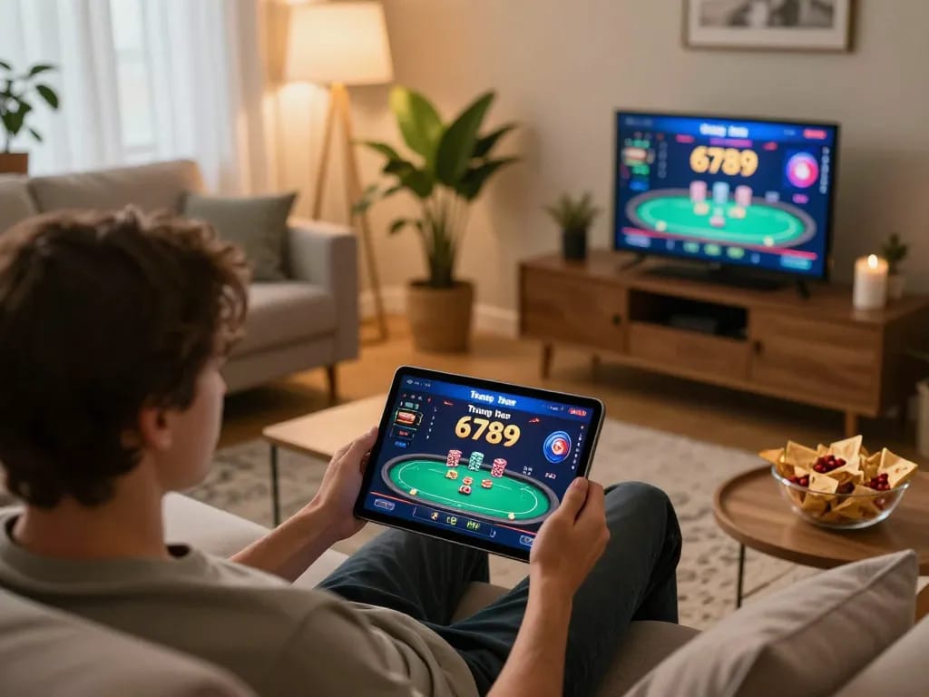 Person using the Trang chủ 6789 app for an engaging poker game at home, showcasing a cozy atmosphere