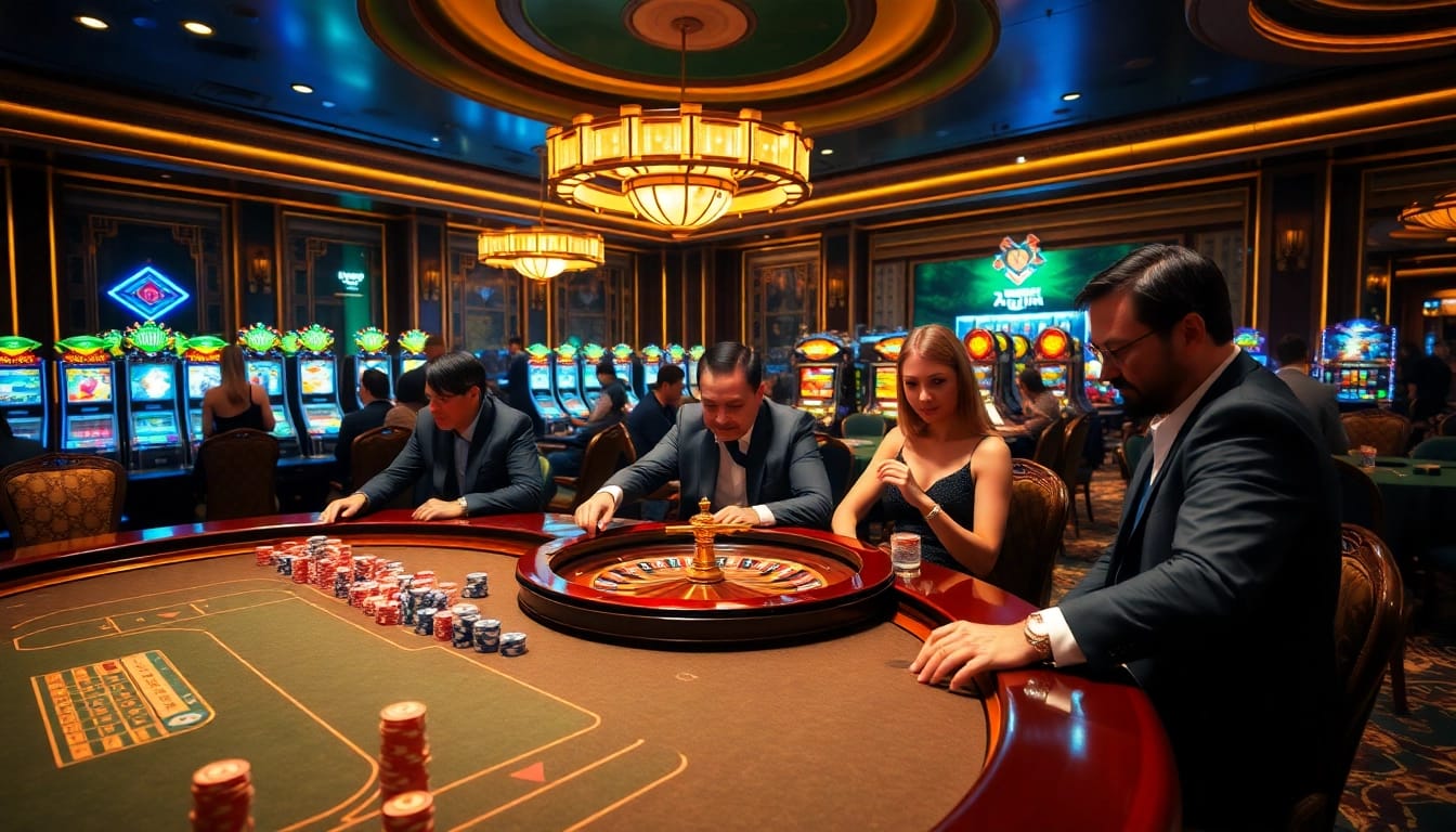 X88 casino players engaging at luxurious gaming table, featuring poker chips and roulette wheel.