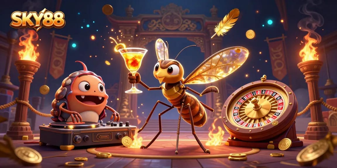 Engage with SKY88's thrilling games as a vibrant frozen mosquito mascot comes to life in this dynamic casino scene.