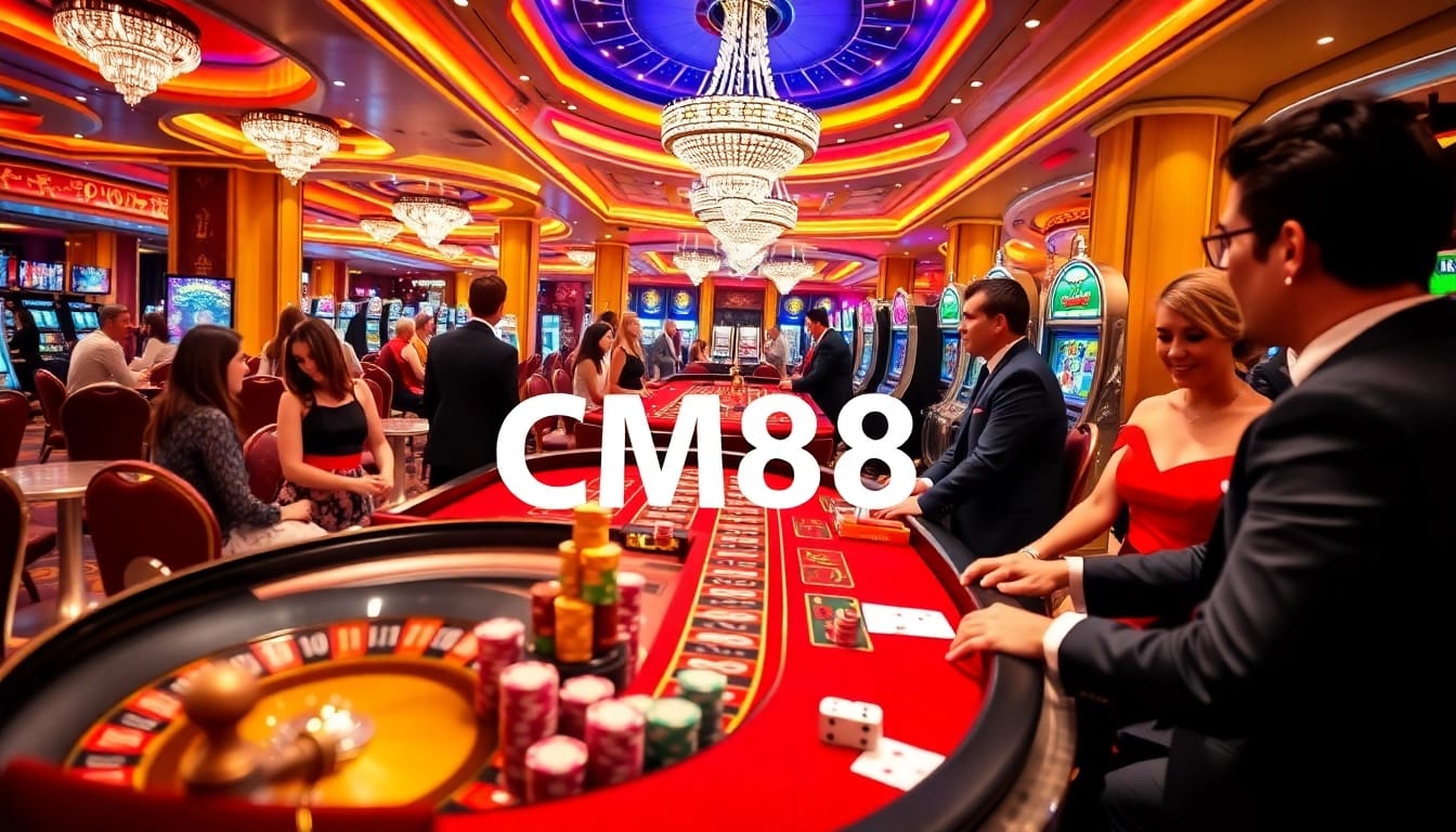 Players enjoying a thrilling casino experience with CM88, featuring chips, cards, and roulette.