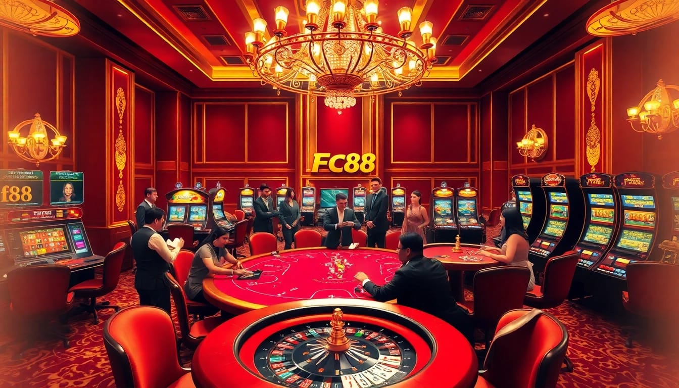 Players enjoying thrilling table games at a luxurious Fc88 casino.