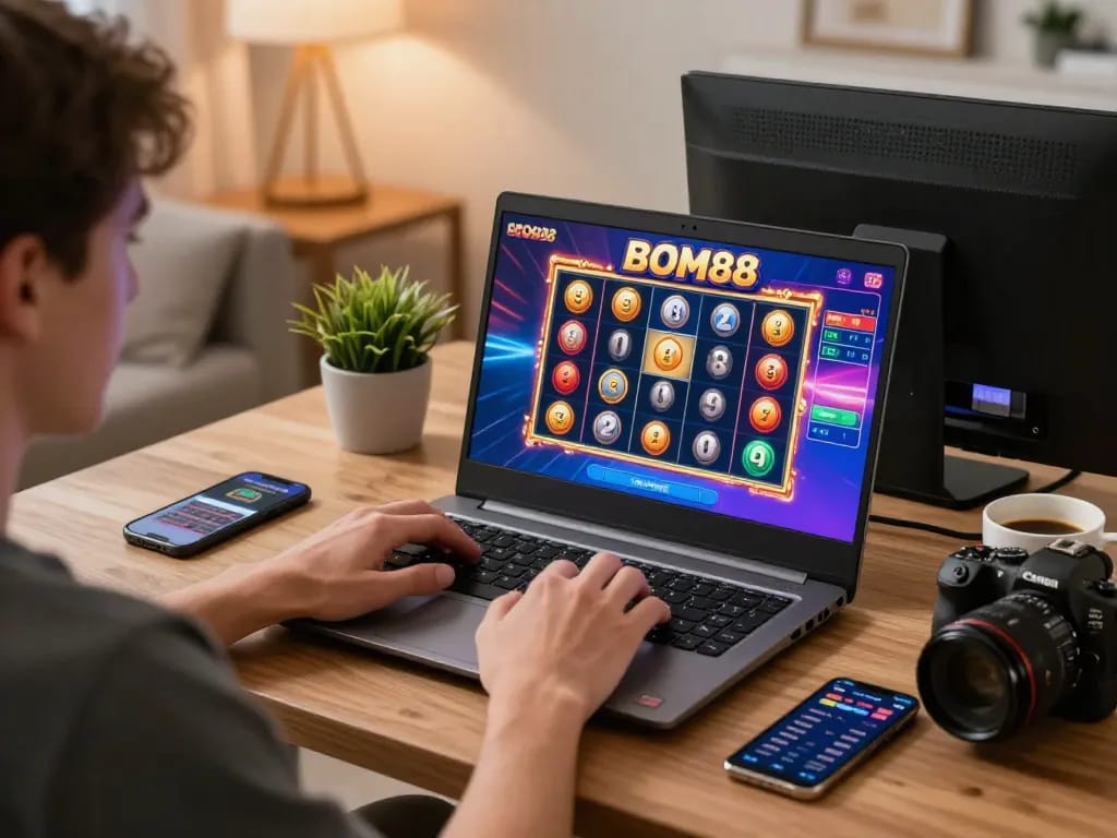 BOM88 player engaged in an exciting slot game at home, showcasing strategic gaming while enjoying a cozy atmosphere.
