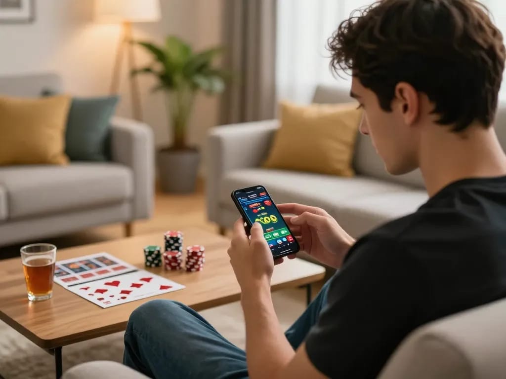 GVUI player engaging in online casino gaming on smartphone at home, showcasing responsible betting.