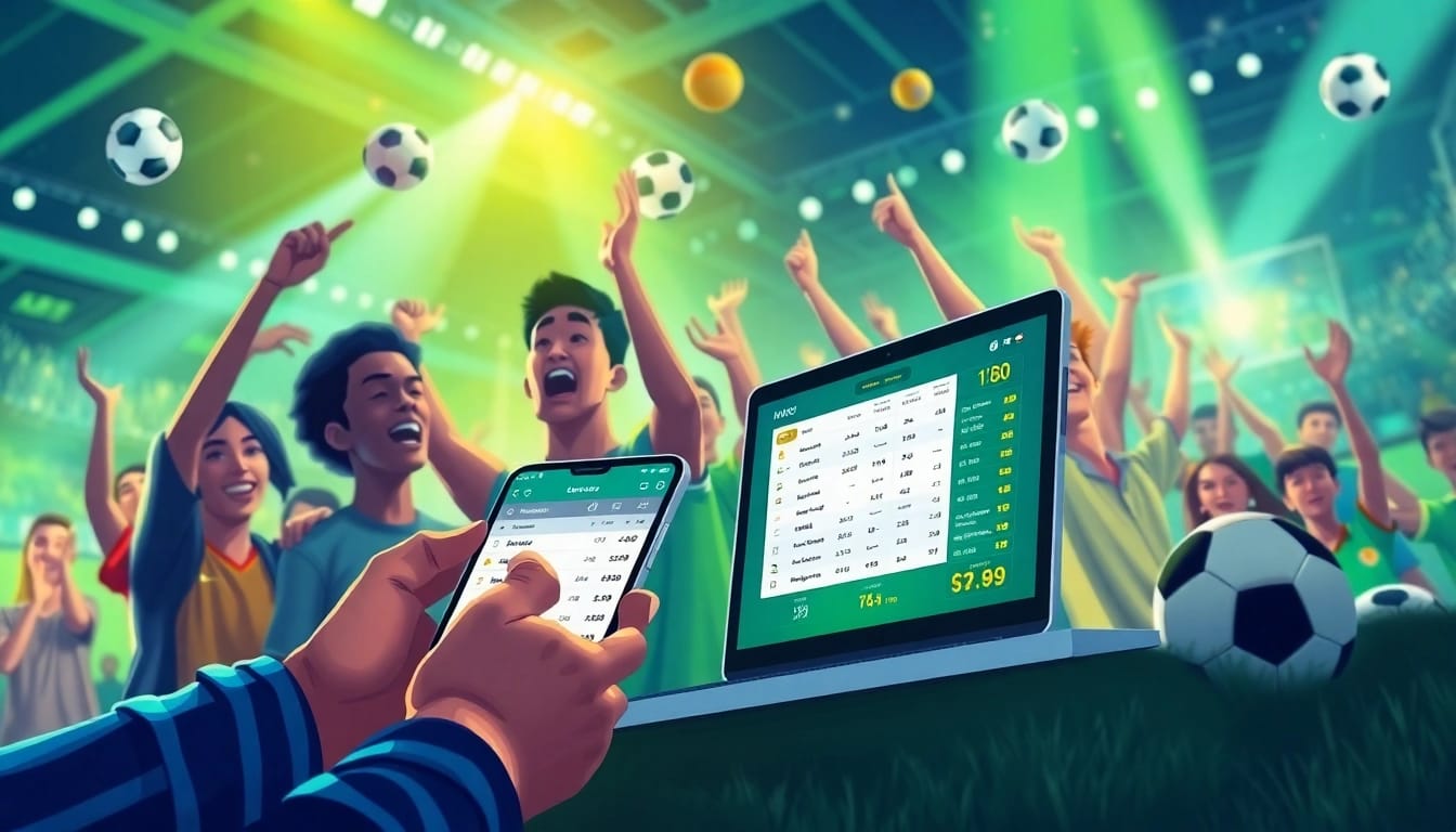 Dynamic betting scene showcasing keonhacai with live soccer odds on devices amidst excited fans.