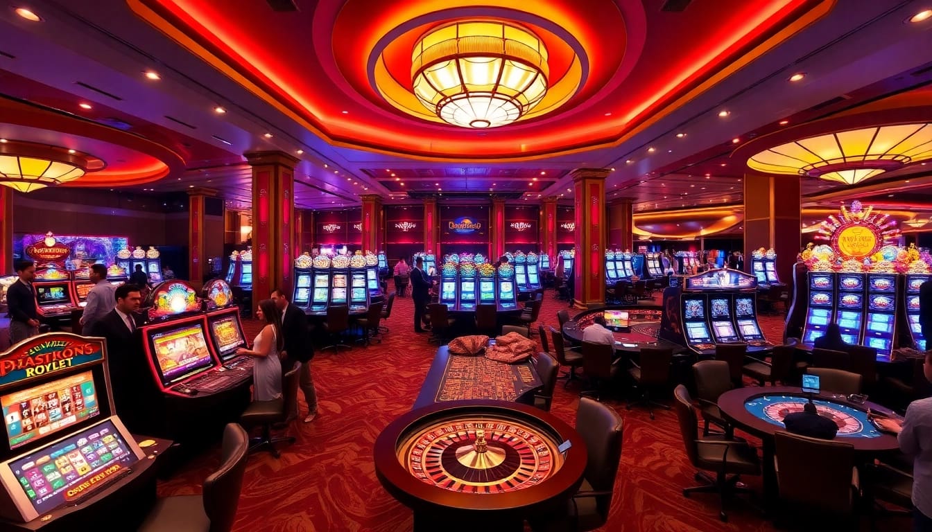 Players enjoying games at https://tip88.living/, featuring modern slot machines and table games in a vibrant casino.