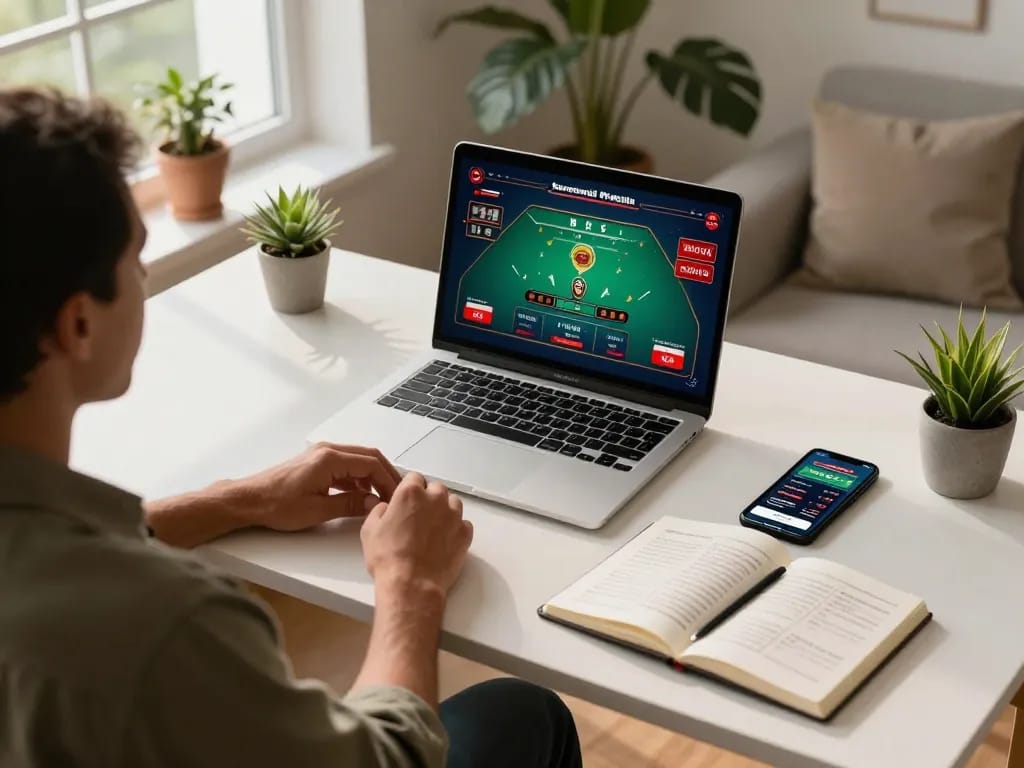 Engaging online gaming at fabet88.co.com, showcasing a live dealer blackjack game on a laptop with strategic notes